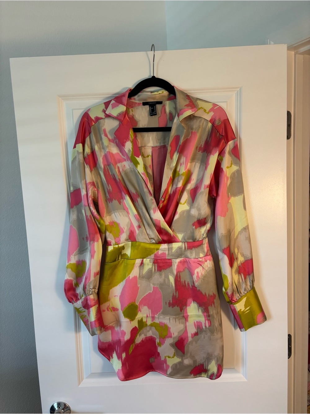 Forever 21 Satin Watercolor Mini Dress Pink Green M